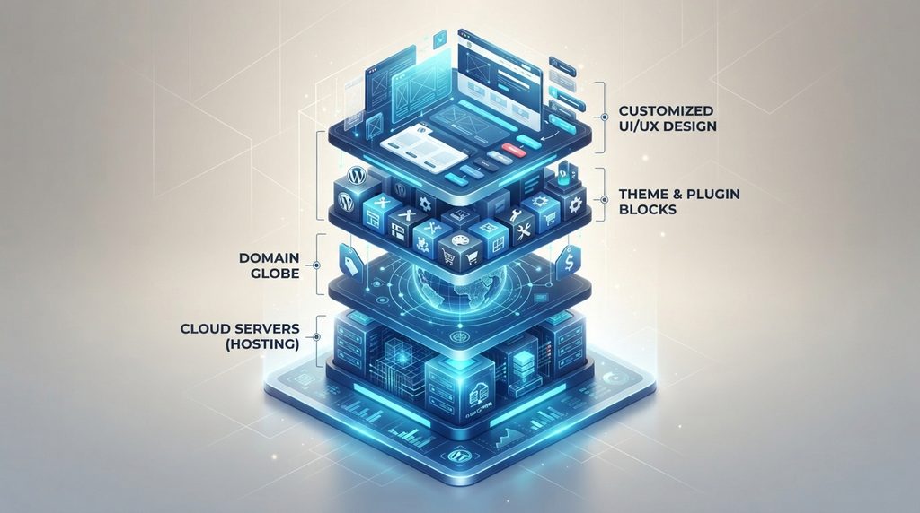 Layered 3D architectural diagram breaking down individual cost components of a WordPress website in Pakistan