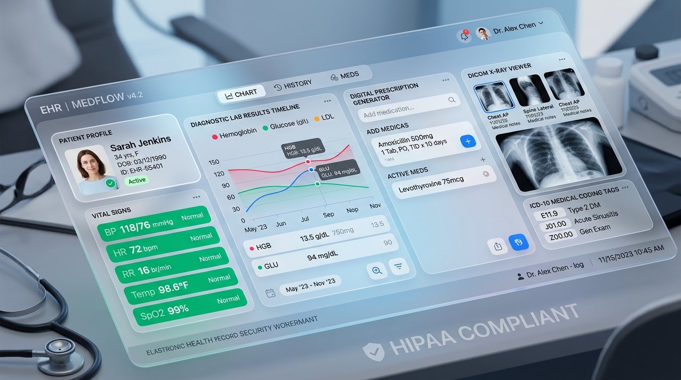 Doctor Reviewing Electronic Health Records on Hospital Tablet