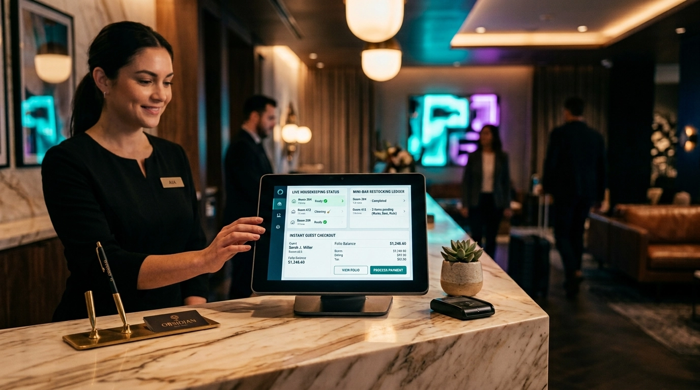 Modern Hotel Front Desk POS Terminal and Live Housekeeping Tracker