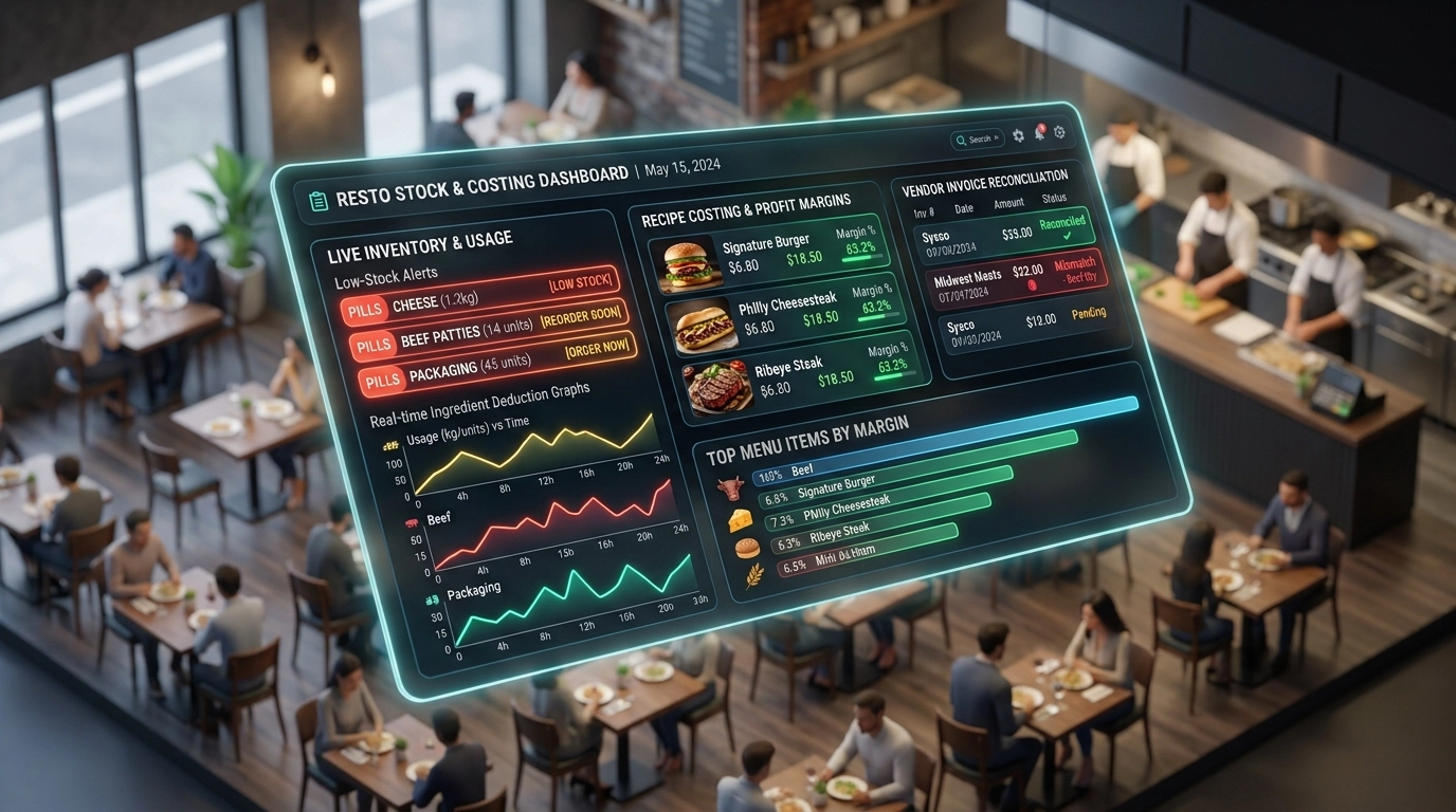 Live Raw Ingredient Deduction and Restaurant Recipe Costing Interface