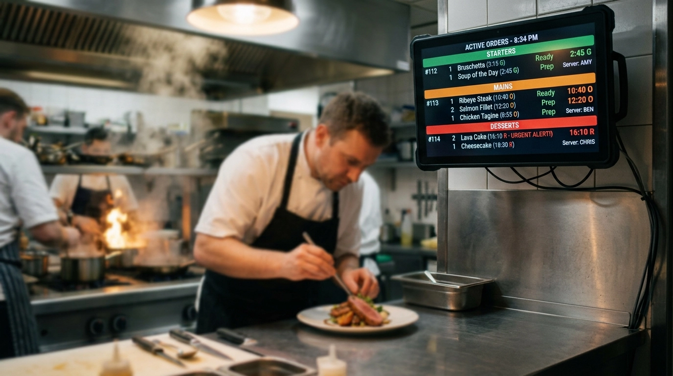 Pixels Craft Kitchen Display System Wall Screen Showing Color Coded Food Orders