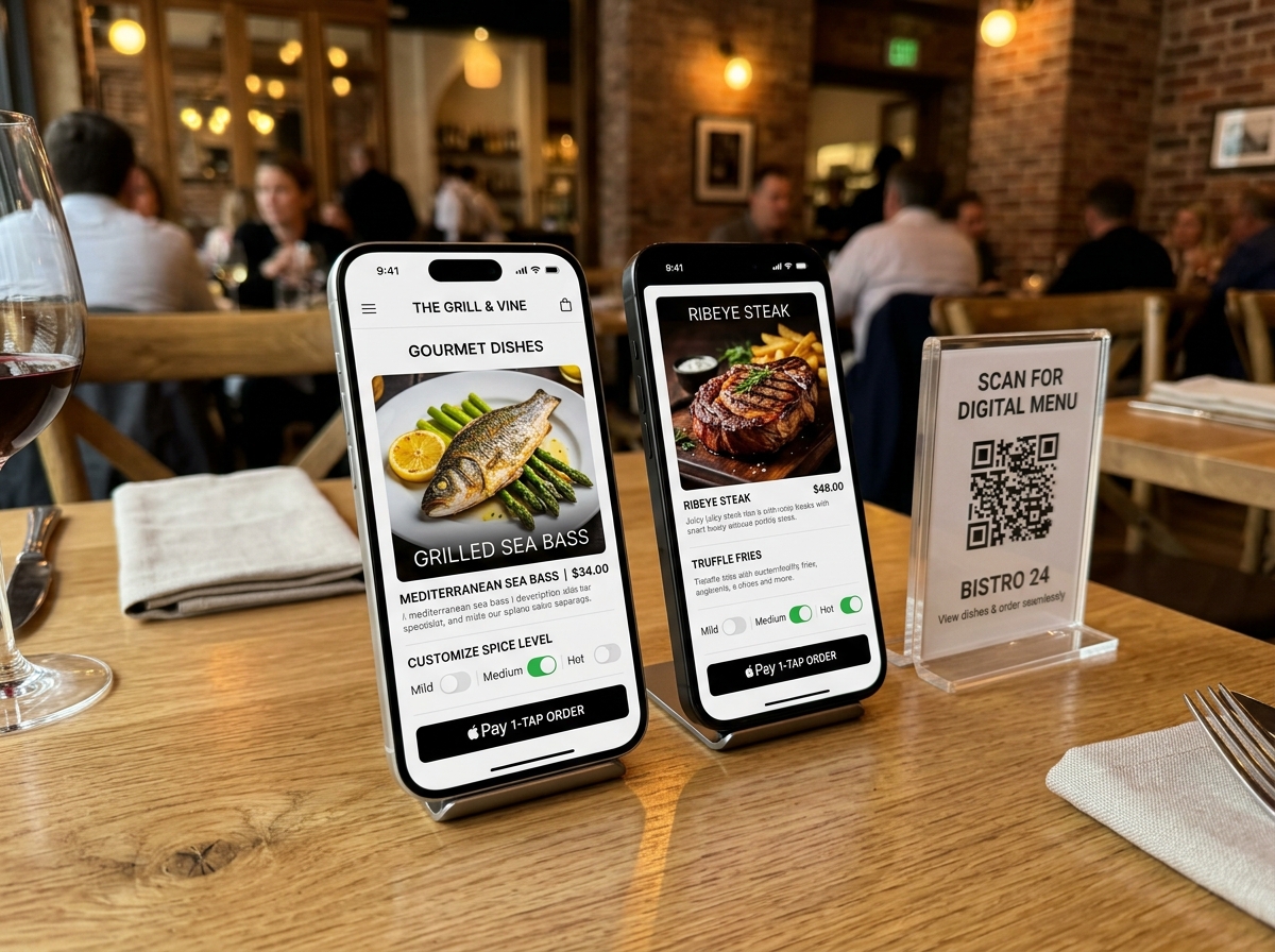 Diners Scanning Table QR Code with Smartphone to Order Food and Pay Digitally