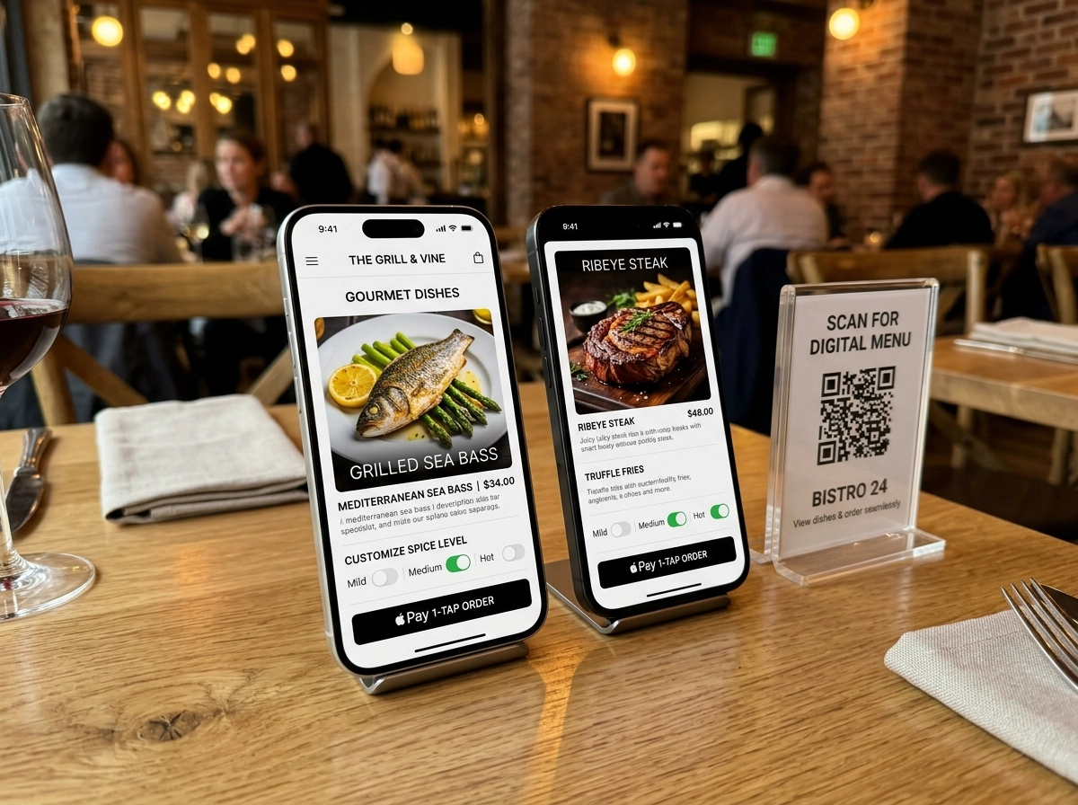 Diners Scanning Table QR Code with Smartphone to Order Food and Pay Digitally