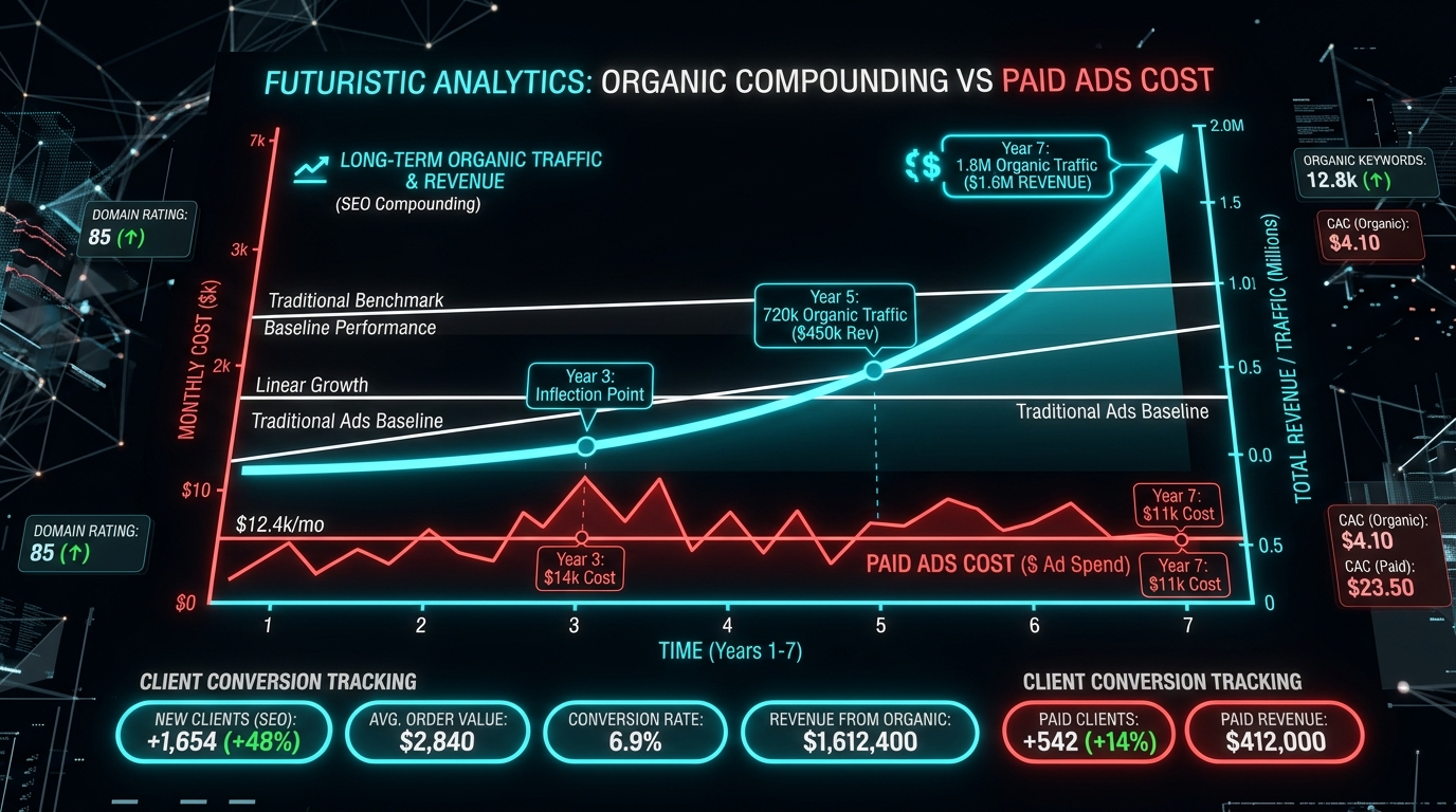 Organic Search Compounding Revenue vs Paid Ad Cost Curve