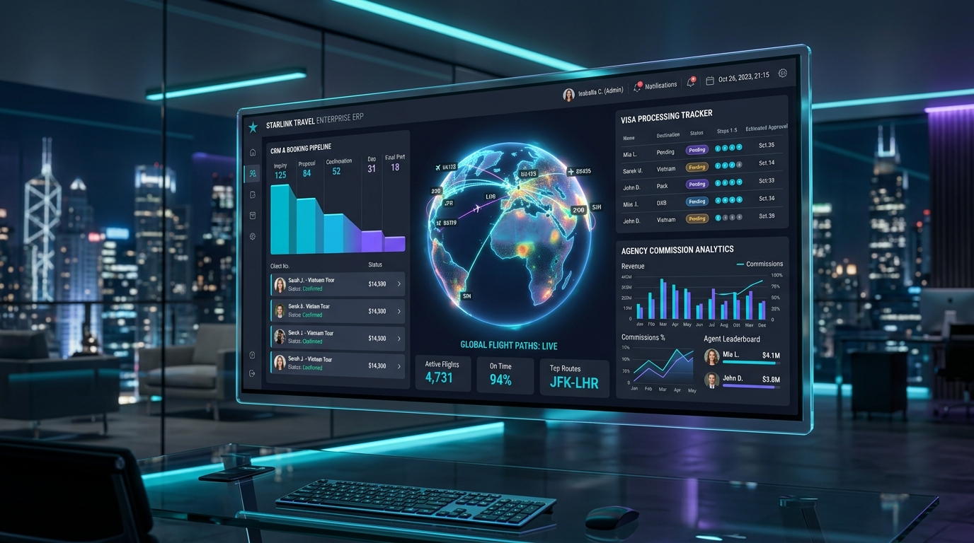Enterprise Tour and Travel Agency CRM and Booking ERP Dashboard Interface